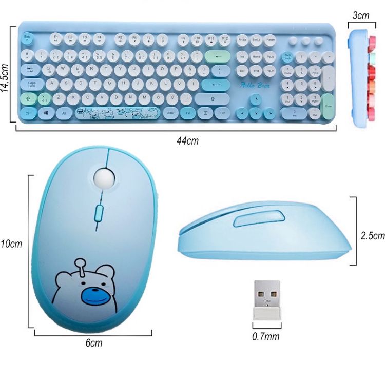 Mofii Hellobear Yuvarlak Tuşlu Ayıcık Desenli Kablosuz Mavi Klavye Mouse Set